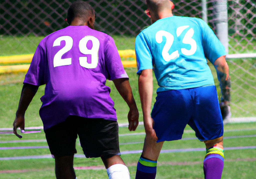 DALL·E 2023-04-24 14.46.41 - a picture of adults playing soccer recreationally with 2 distintive uniforms, clearly definining two teams playing against each other.